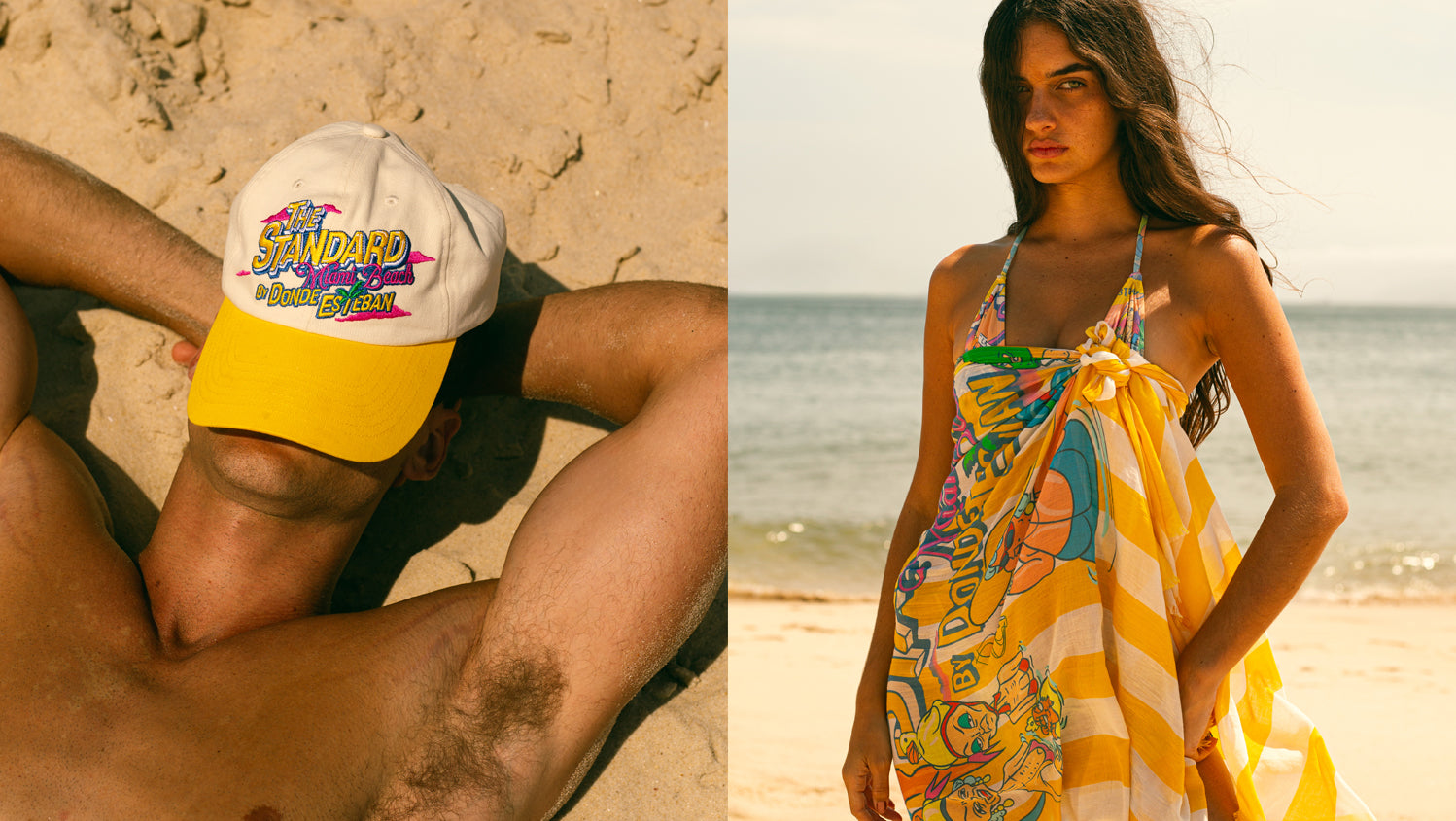 Two beach scenes: a person wearing a colorful cap and another with a woman in a patterned dress.
