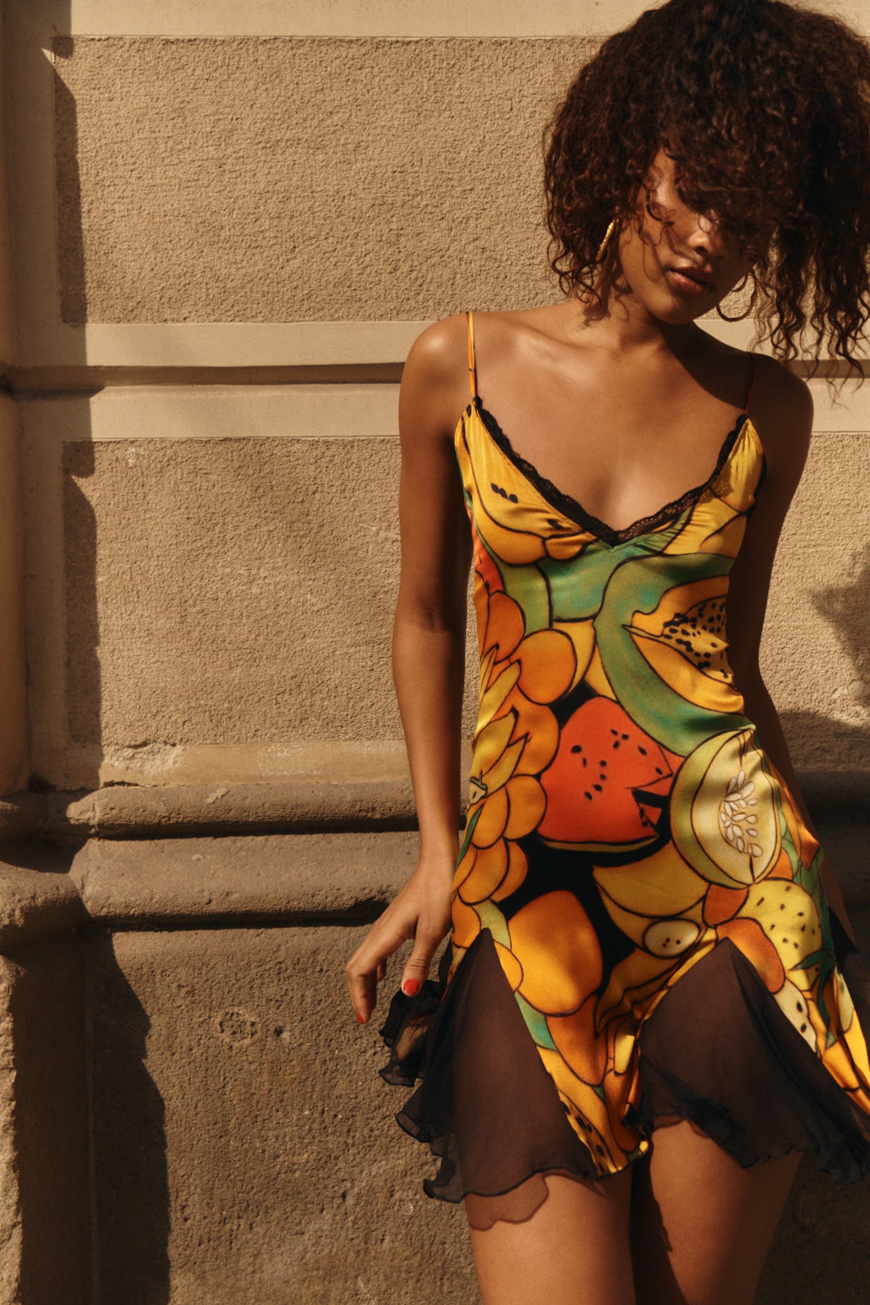 Frutas Silk Satin Lace Mini Dress