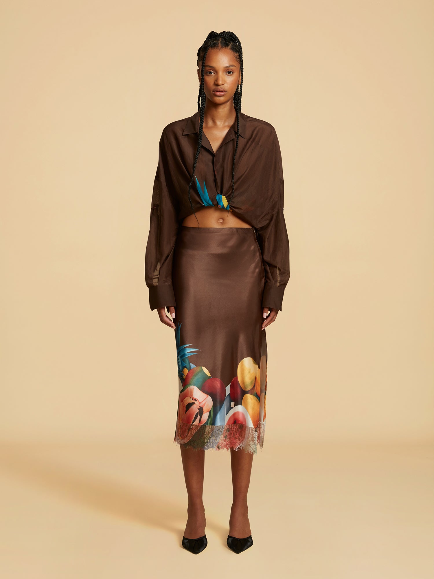 Brown Salpicon Silk Long Skirt