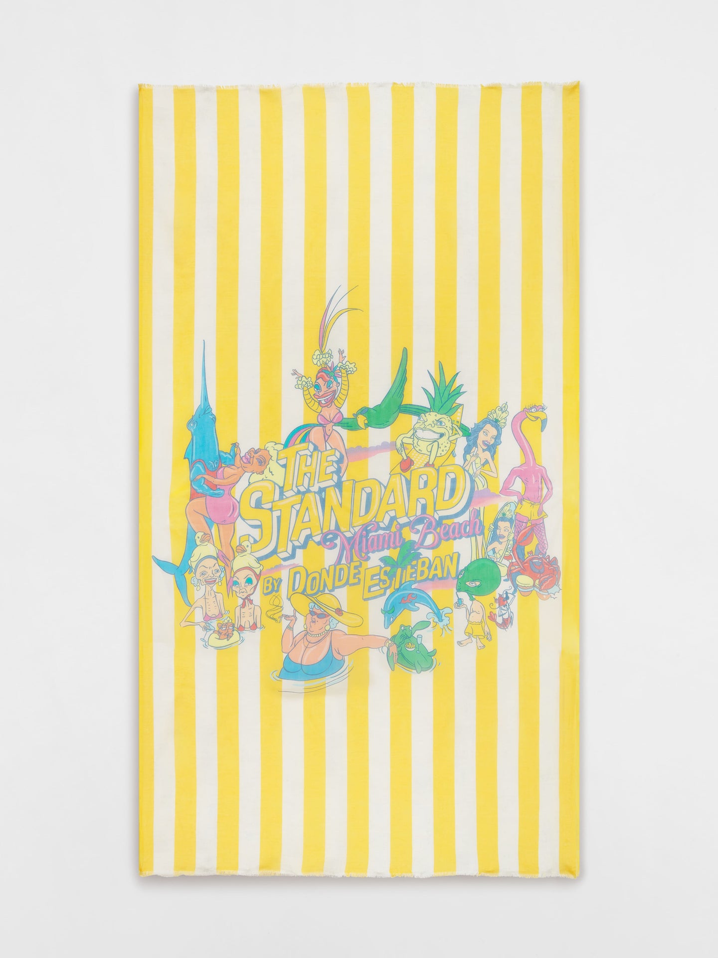 Poster with colorful characters and 'The Standard' text on a yellow and white striped background