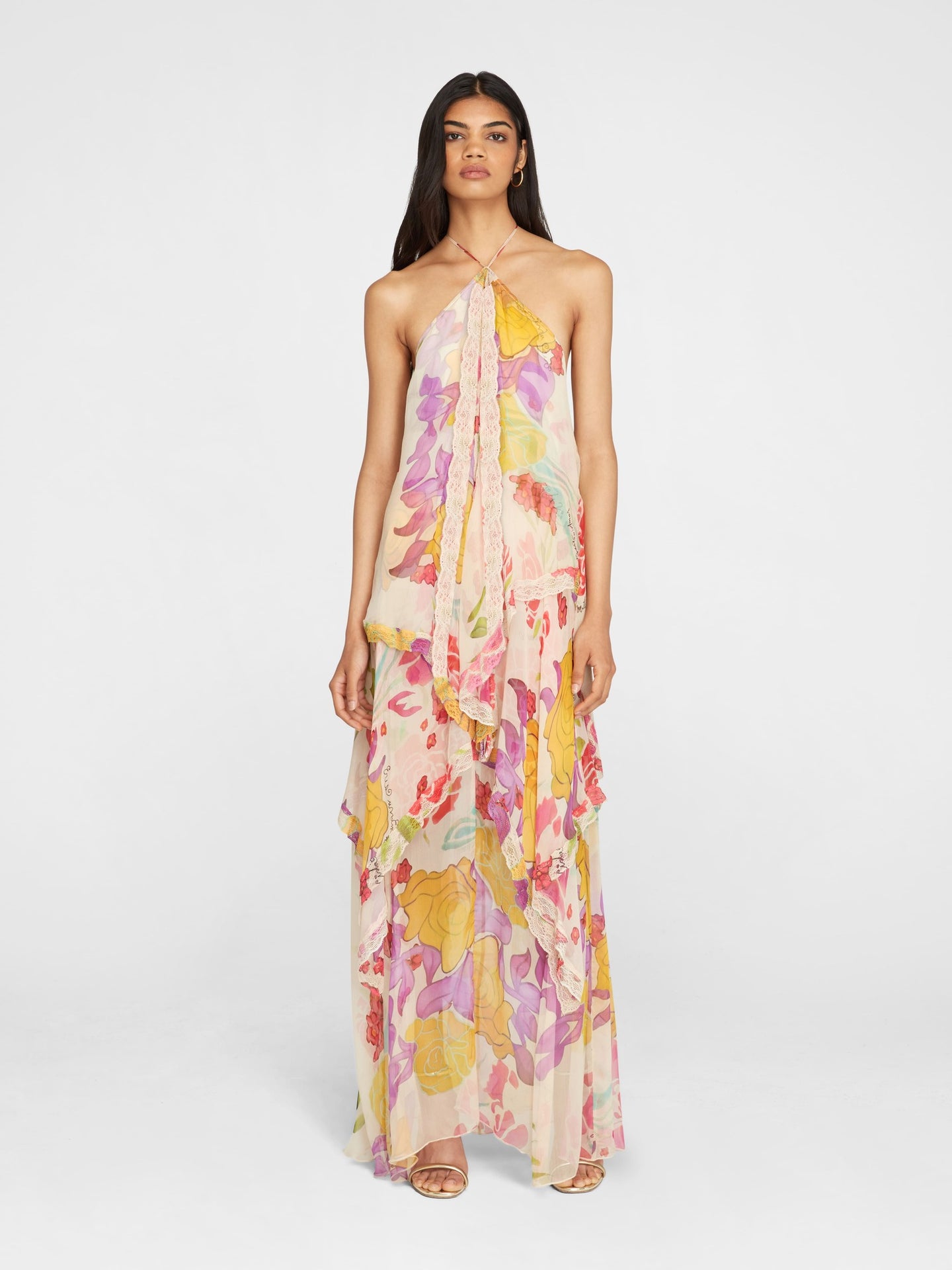 Flores Silk Chiffon Long Halter Dress