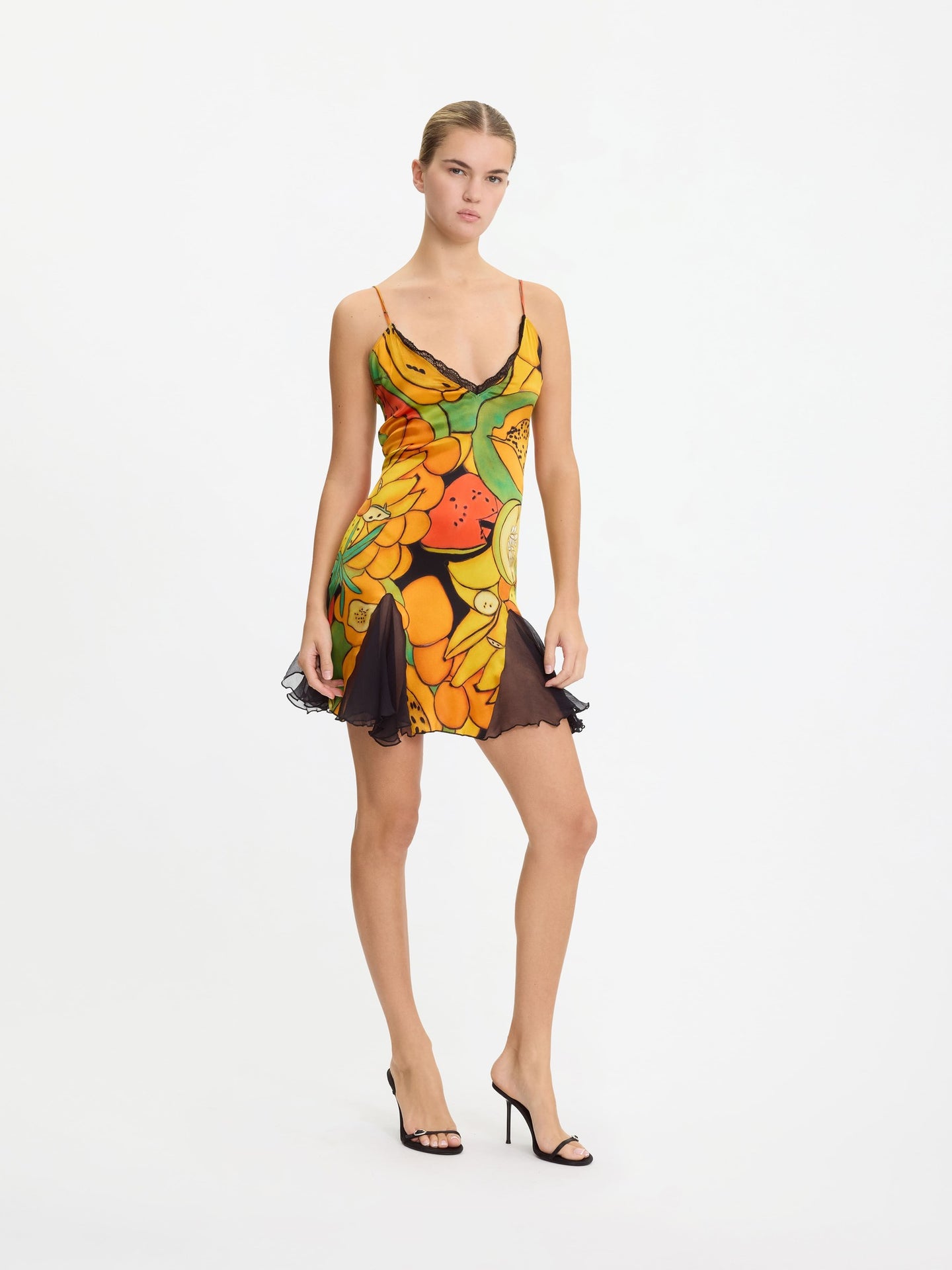 Frutas Silk Satin Lace Mini Dress