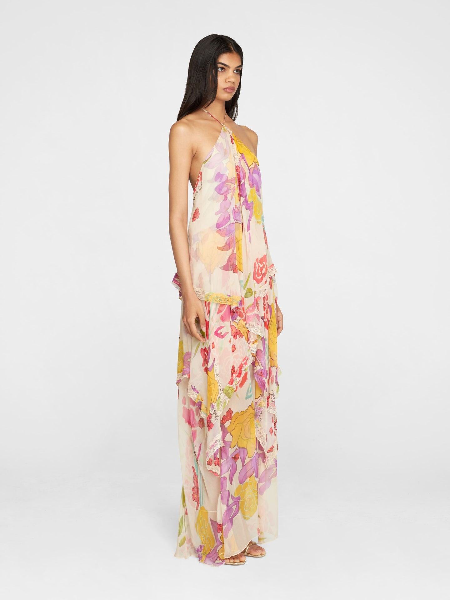 Flores Silk Chiffon Long Halter Dress